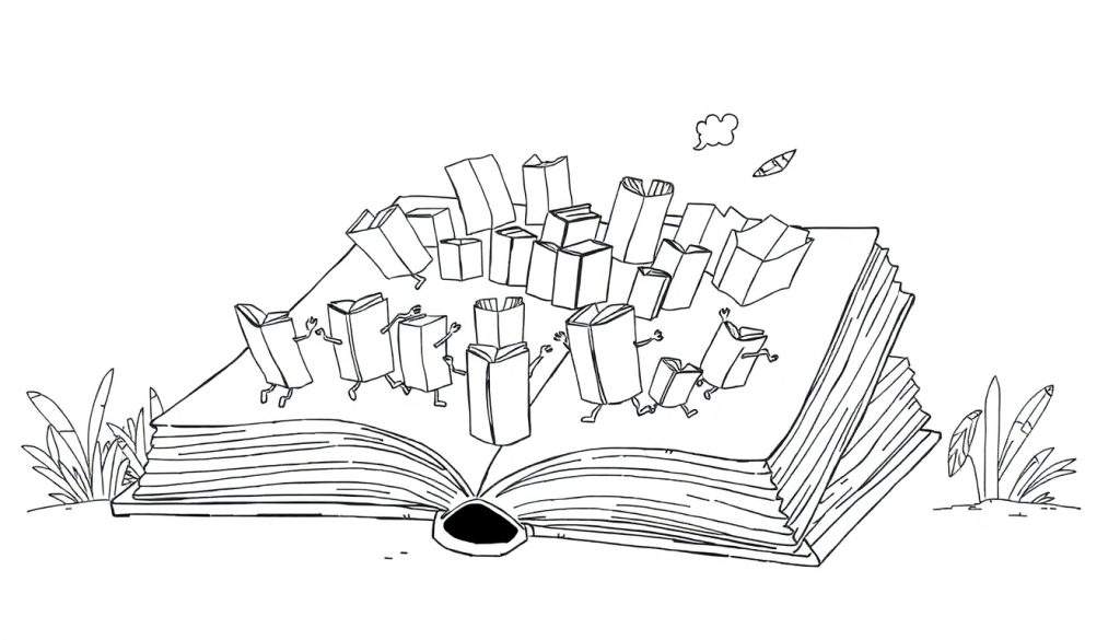 Zwart-wit kleurplaat van een opengeslagen boek met levende, dansende boeken erop. Gras en een zwevend bootje in de lucht.