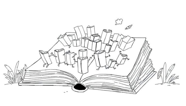 Zwart-wit kleurplaat van een opengeslagen boek met levende, dansende boeken erop. Gras en een zwevend bootje in de lucht.