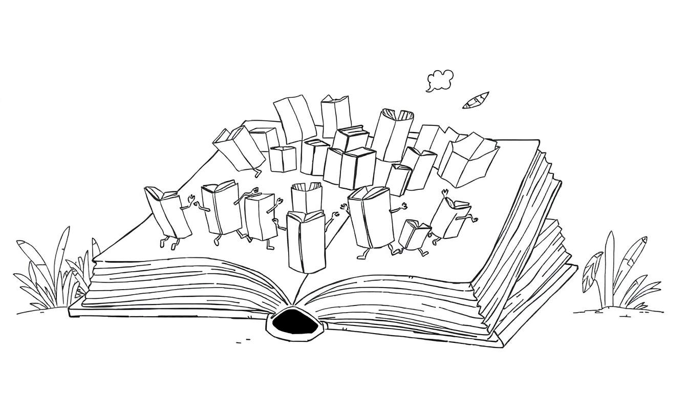 Zwart-wit kleurplaat van een opengeslagen boek met levende, dansende boeken erop. Gras en een zwevend bootje in de lucht.