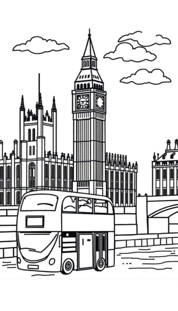 Zwart-wit kleurplaat van Londen met Big Ben, Houses of Parliament, een dubbeldekkerbus en de rivier met brug.