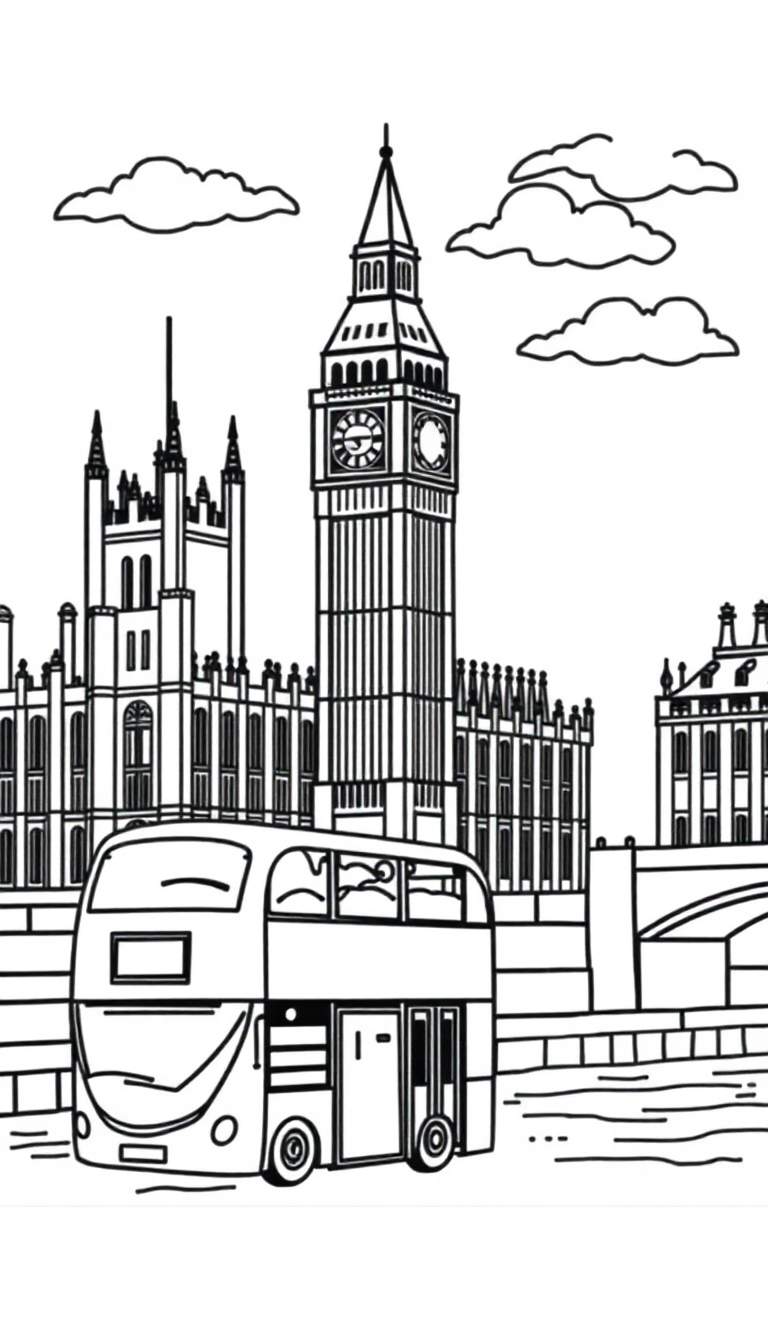 Zwart-wit kleurplaat van Londen met Big Ben, Houses of Parliament, een dubbeldekkerbus en de rivier met brug.