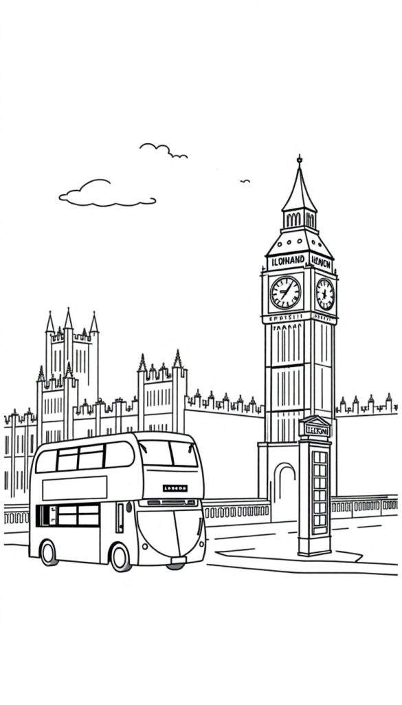 Zwart-wit lijntekening van een Londense dubbeldekkerbus, Houses of Parliament, Big Ben en een telefooncel, ontworpen als kleurplaat.