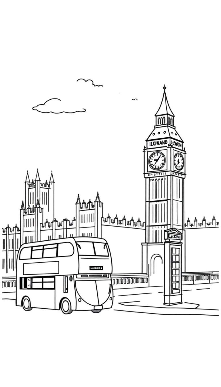 Zwart-wit lijntekening van een Londense dubbeldekkerbus, Houses of Parliament, Big Ben en een telefooncel, ontworpen als kleurplaat.