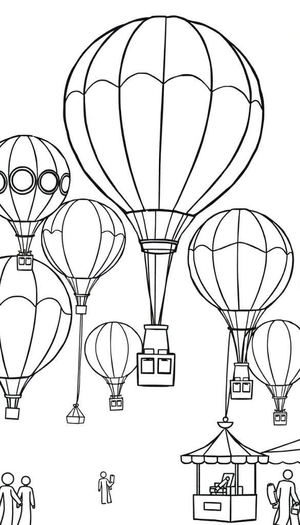 Zwart-wit tekening van een luchtballonnenfestival met veel ballonnen in de lucht en mensen op de grond bij kraampjes.