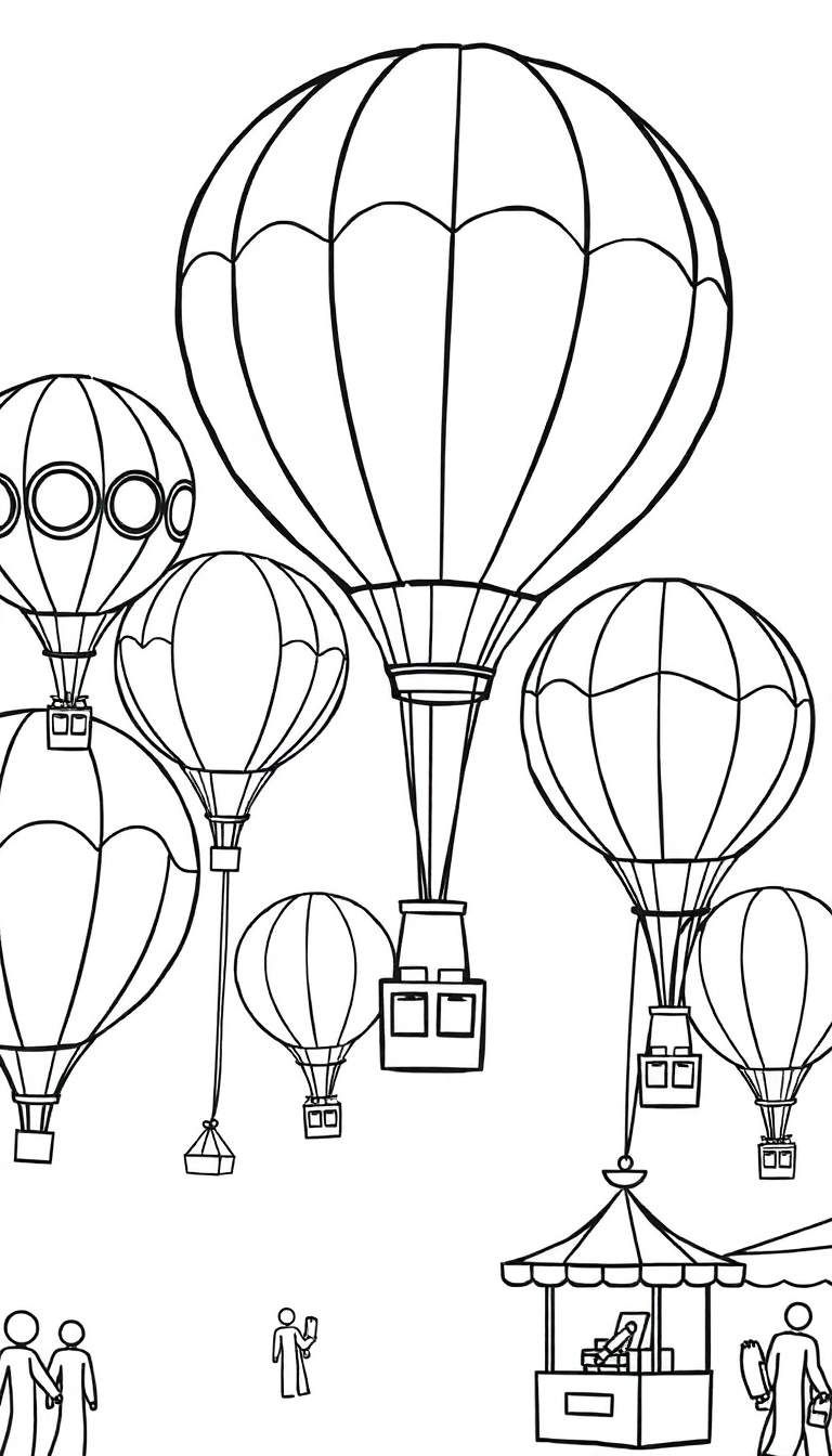 Zwart-wit tekening van een luchtballonnenfestival met veel ballonnen in de lucht en mensen op de grond bij kraampjes.