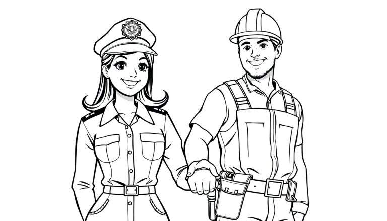 Kleurplaat van een lachende politieagente met pet en een lachende bouwvakker met helm, hand in hand staand.