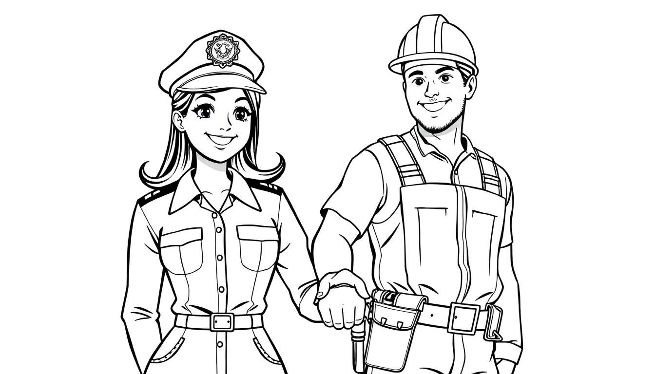 Kleurplaat van een lachende politieagente met pet en een lachende bouwvakker met helm, hand in hand staand.