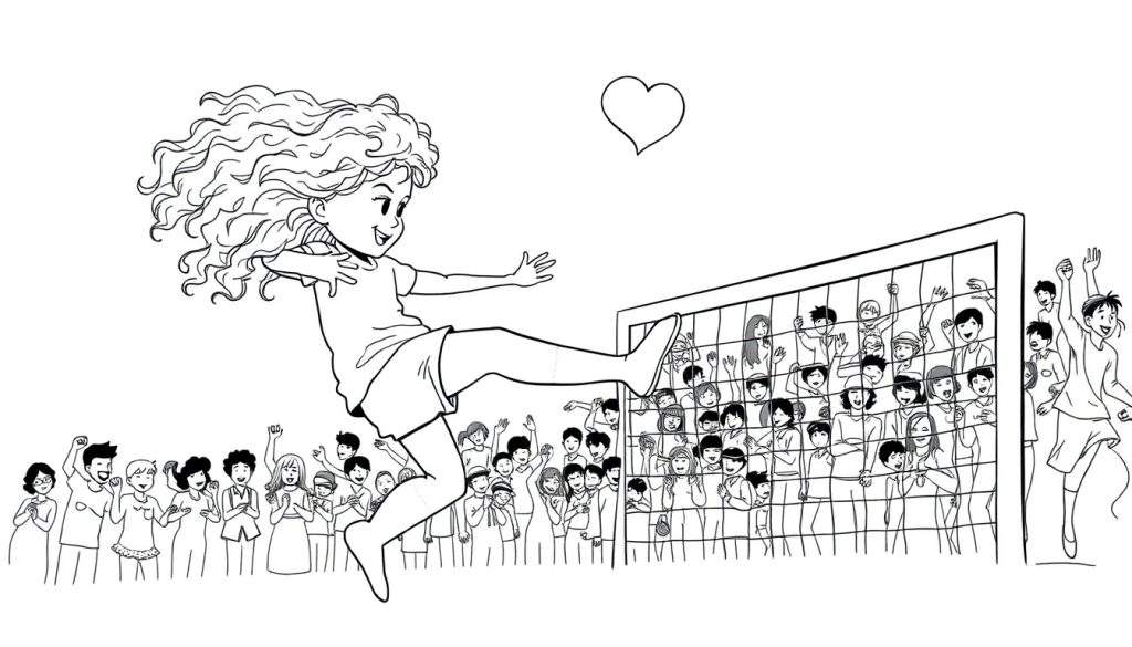 Kleurplaat van een blij meisje dat een hart trapt in een voetbaldoel, omringd door juichende mensen.