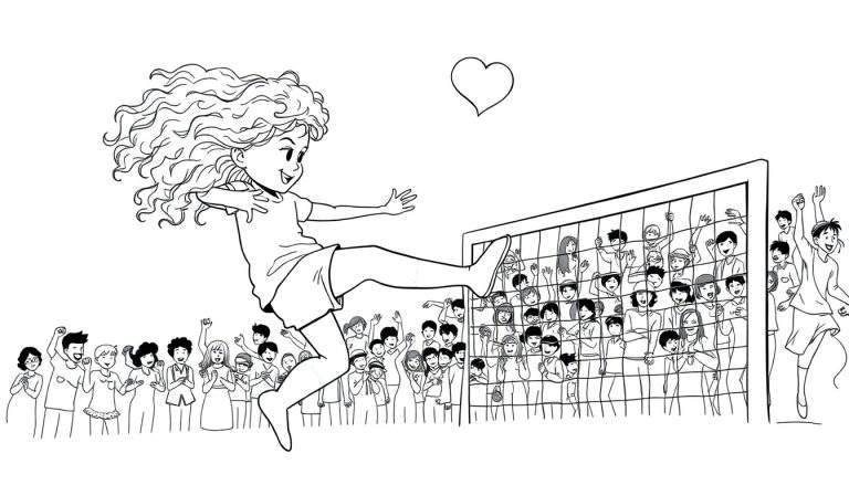 Kleurplaat van een blij meisje dat een hart trapt in een voetbaldoel, omringd door juichende mensen.