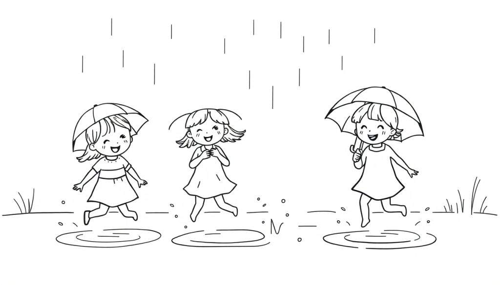 Kleurplaat van drie lachende meisjes die in de regen spelen, met paraplu's en opspattend water.