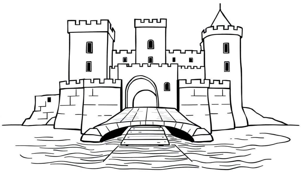 Zwart-wit lijntekening van een middeleeuws kasteel met torens, kantelen, een poortgebouw, een stenen boogbrug over water en een houten vlonder.