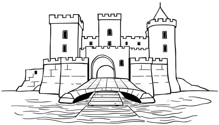Zwart-wit lijntekening van een middeleeuws kasteel met torens, kantelen, een poortgebouw, een stenen boogbrug over water en een houten vlonder.