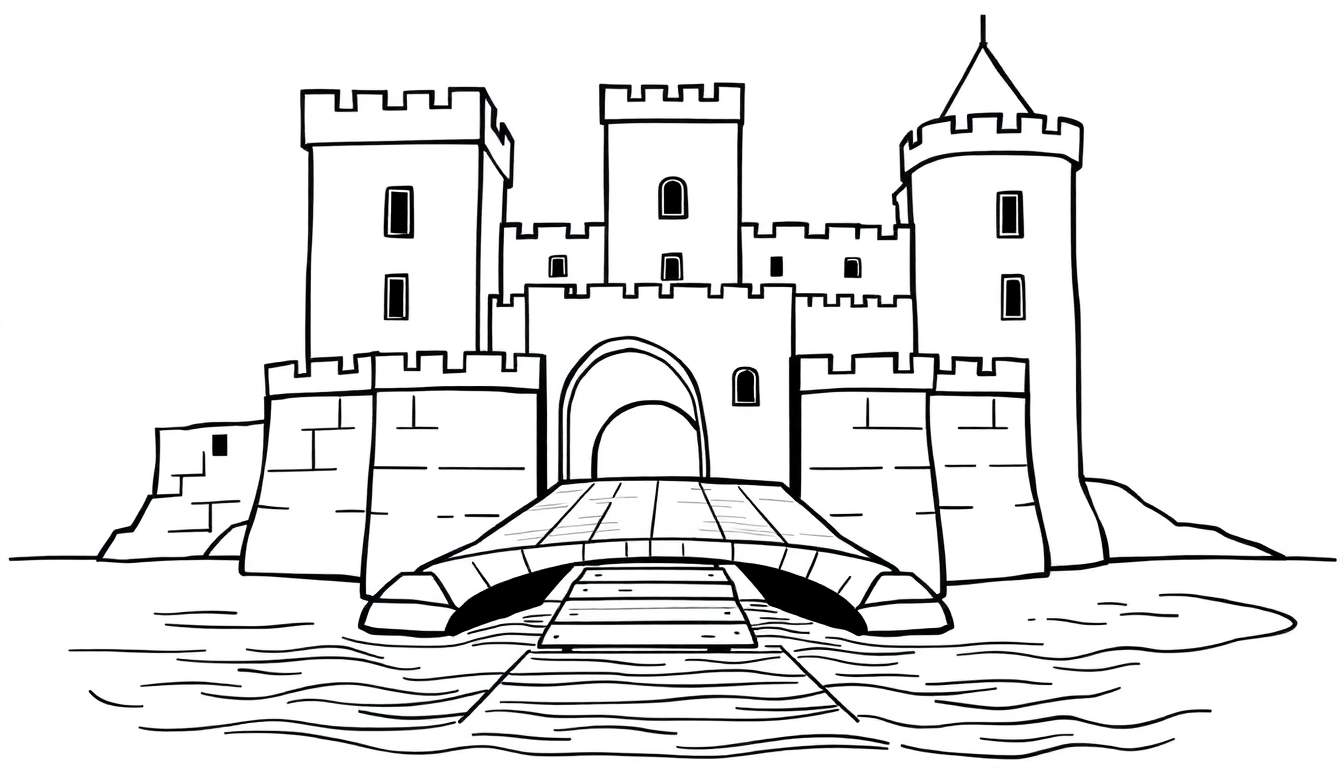 Zwart-wit lijntekening van een middeleeuws kasteel met torens, kantelen, een poortgebouw, een stenen boogbrug over water en een houten vlonder.