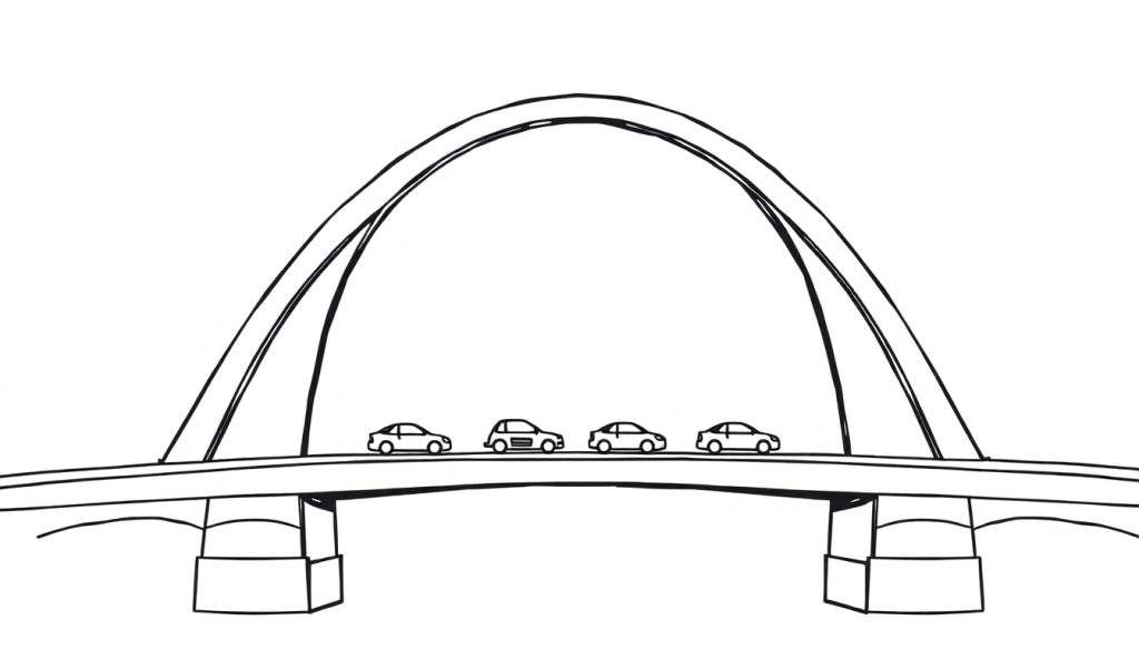 Zwart-wit lijnschets van een minimalistische boogbrug met vier gestileerde auto's op de rijbaan, getekend met dikke zwarte omtreklijnen op een witte achtergrond.