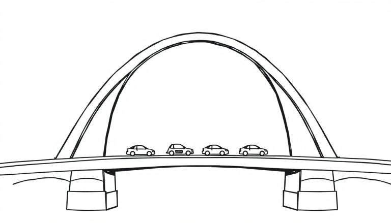 Zwart-wit lijnschets van een minimalistische boogbrug met vier gestileerde auto's op de rijbaan, getekend met dikke zwarte omtreklijnen op een witte achtergrond.