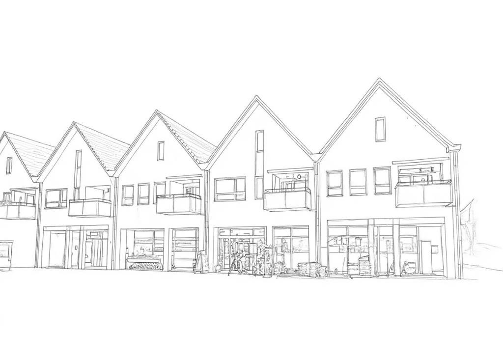 Zwart-witte lijntekening van een rij moderne rijtjeshuizen met puntgevels, balkons en grote ramen, op een witte achtergrond.