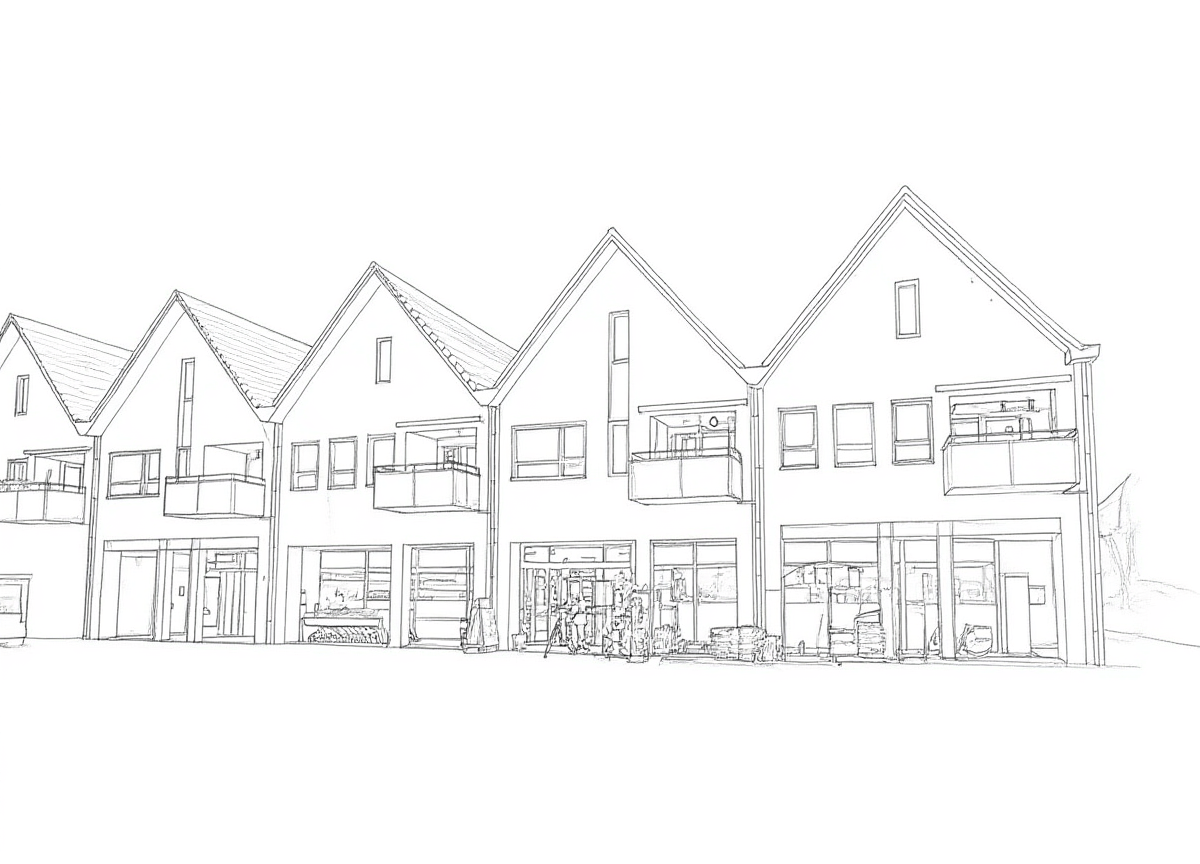 Zwart-witte lijntekening van een rij moderne rijtjeshuizen met puntgevels, balkons en grote ramen, op een witte achtergrond.