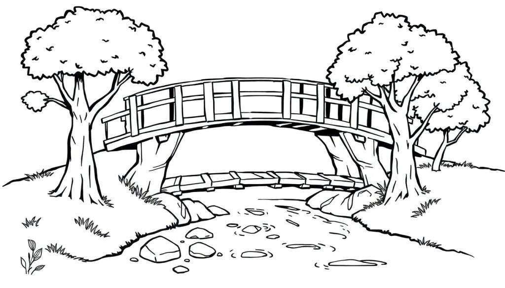 Zwart-wit kleurplaat van een houten boogbrug over een beek, omringd door grote bomen en grasrijke oevers.