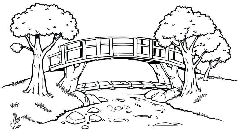 Zwart-wit kleurplaat van een houten boogbrug over een beek, omringd door grote bomen en grasrijke oevers.