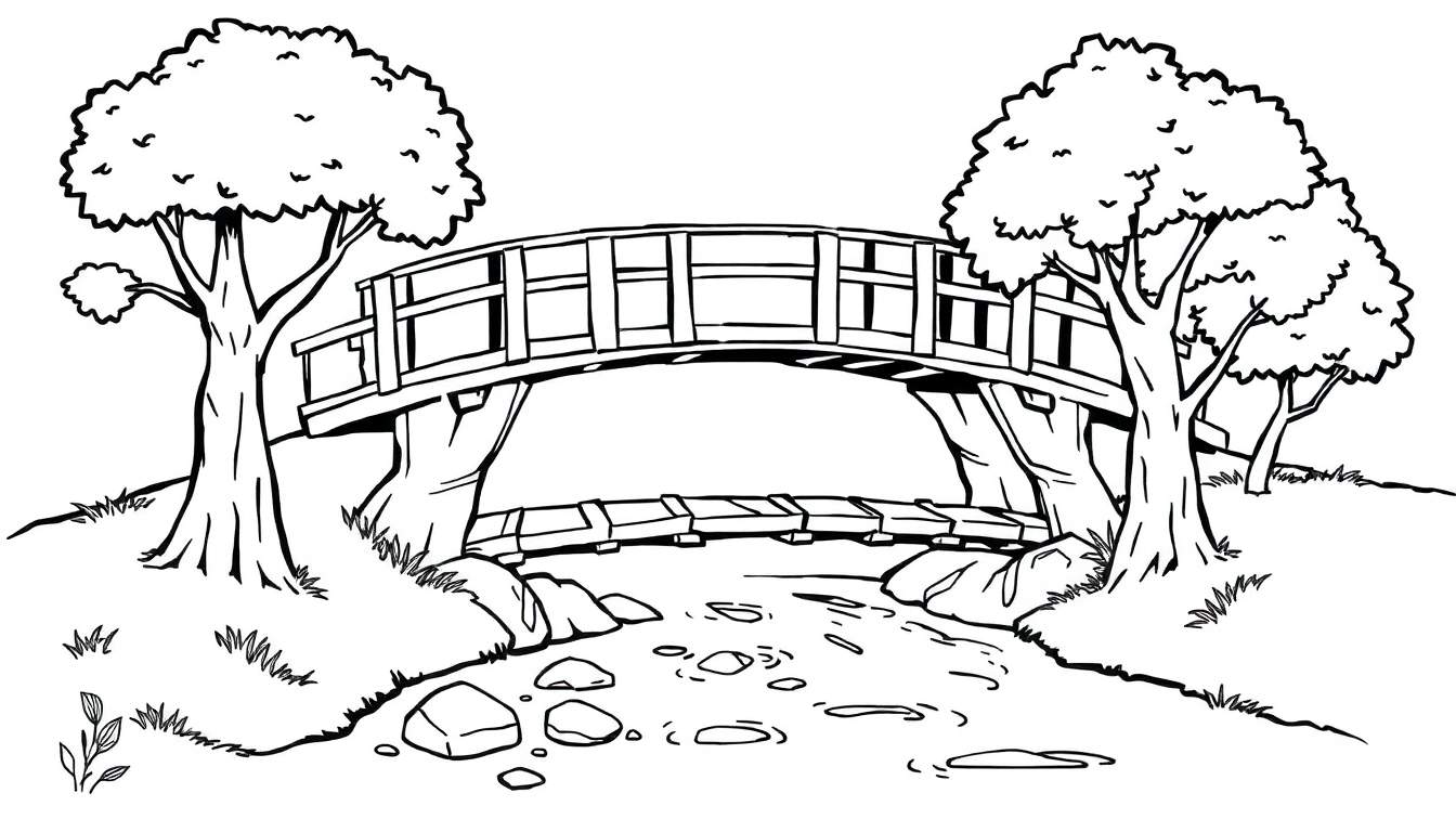 Zwart-wit kleurplaat van een houten boogbrug over een beek, omringd door grote bomen en grasrijke oevers.