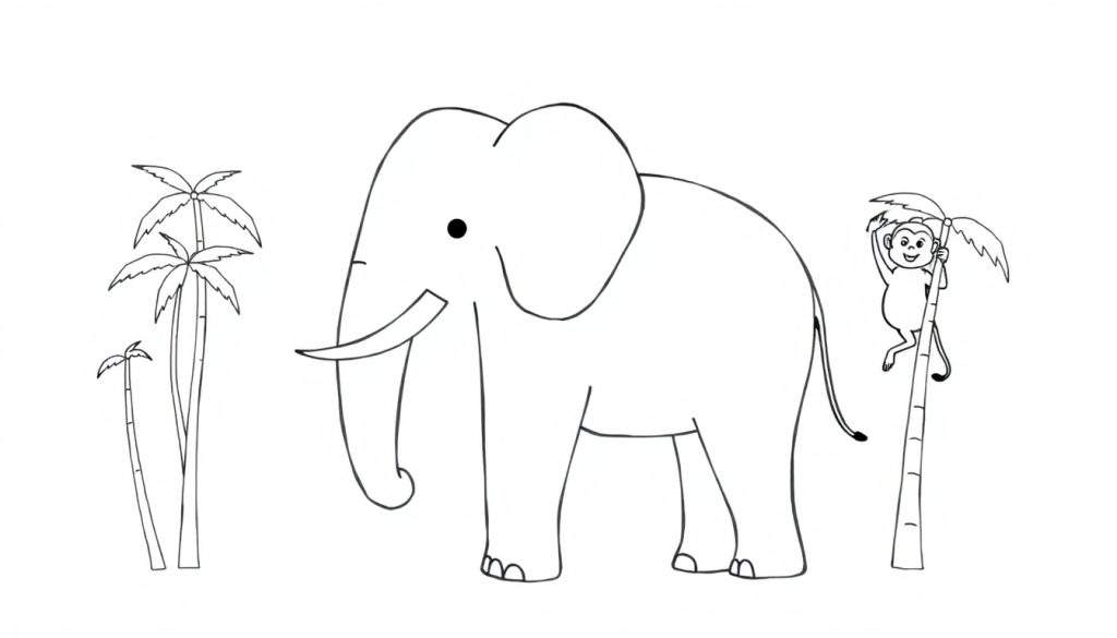 Lijntekening van een jungle- of savannelandschap met een grote olifant, drie palmbomen en een aap die aan een palmboom hangt.