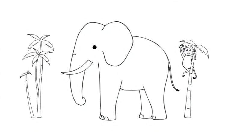 Lijntekening van een jungle- of savannelandschap met een grote olifant, drie palmbomen en een aap die aan een palmboom hangt.