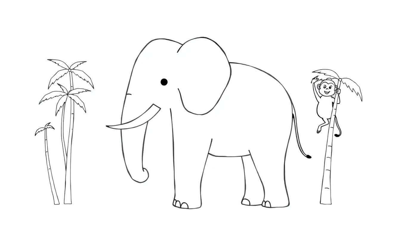 Lijntekening van een jungle- of savannelandschap met een grote olifant, drie palmbomen en een aap die aan een palmboom hangt.