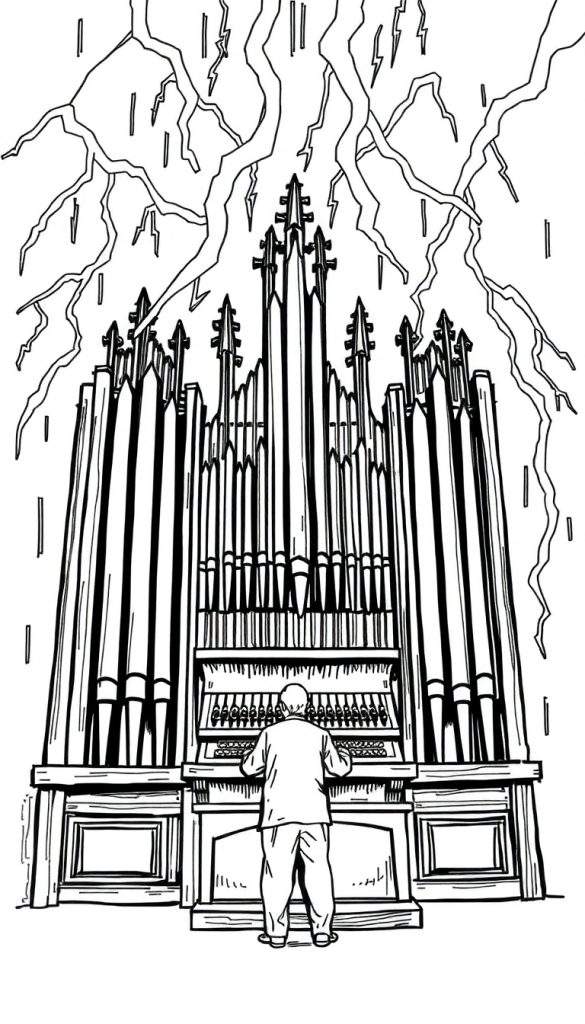 Kleurplaat van een groot pijporgel met bliksem en regen, bespeeld door een organist.