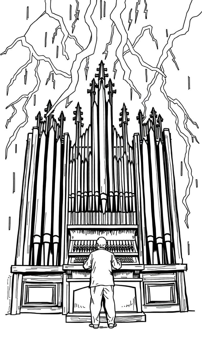 Kleurplaat van een groot pijporgel met bliksem en regen, bespeeld door een organist.