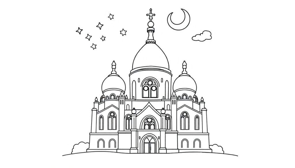 Gedetailleerde lijntekening van een orthodoxe kerk met koepels onder een nachtelijke sterrenhemel, geschikt als kleurplaat.