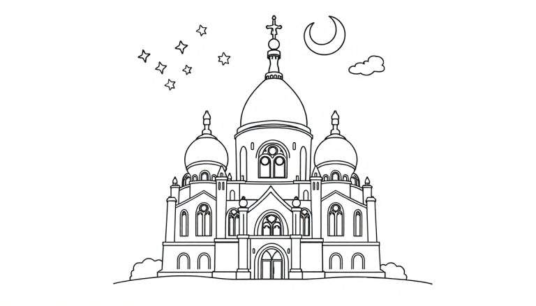 Gedetailleerde lijntekening van een orthodoxe kerk met koepels onder een nachtelijke sterrenhemel, geschikt als kleurplaat.