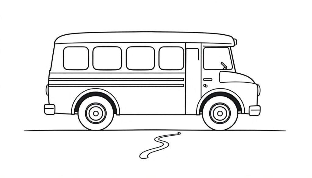 Zwart-witte lijntekening van een klassieke bus, klaar om ingekleurd te worden.