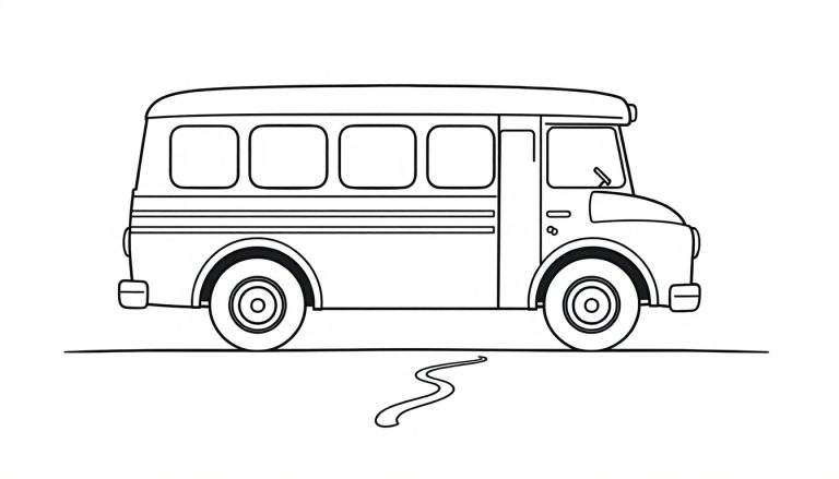 Zwart-witte lijntekening van een klassieke bus, klaar om ingekleurd te worden.