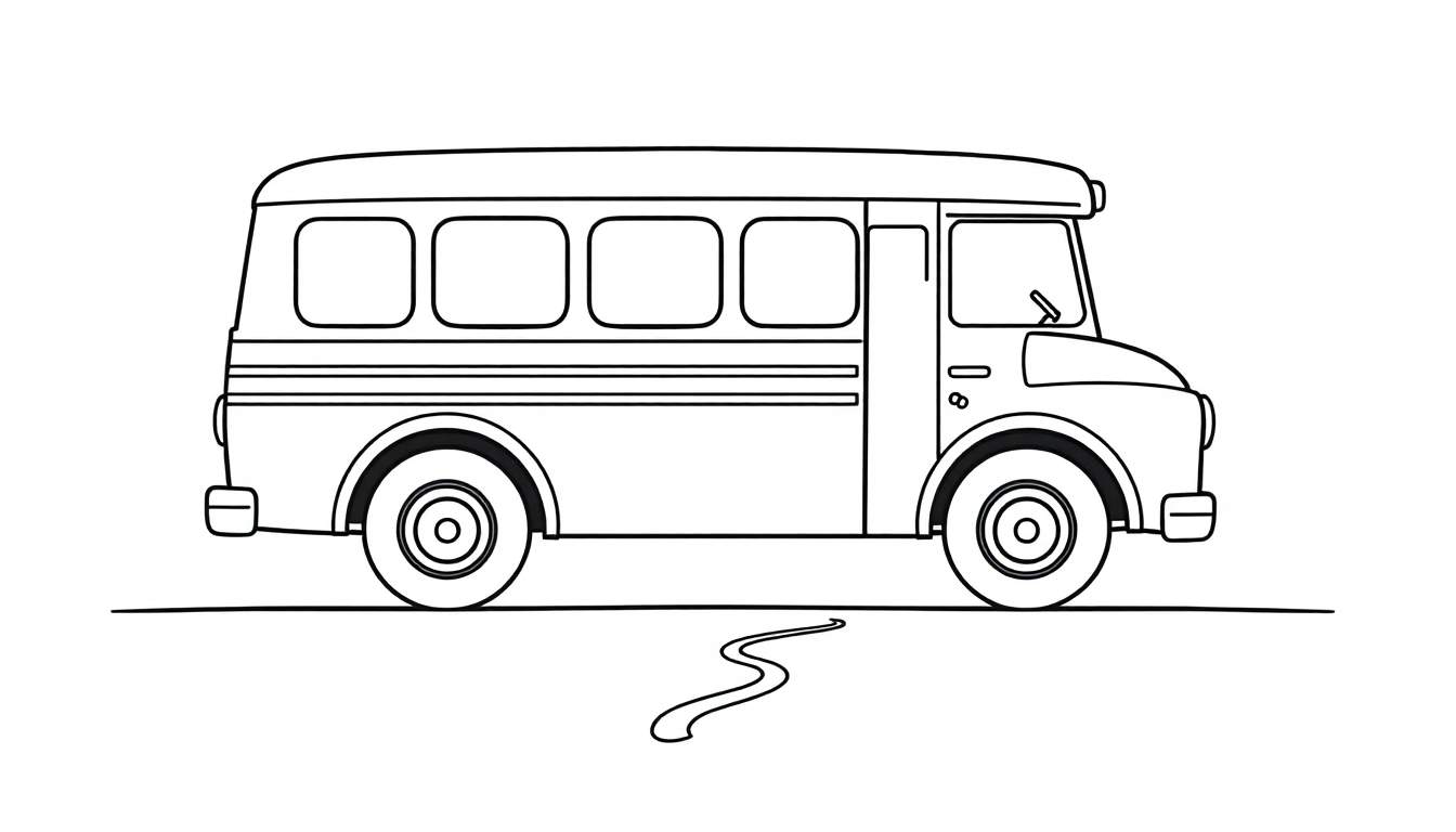Zwart-witte lijntekening van een klassieke bus, klaar om ingekleurd te worden.
