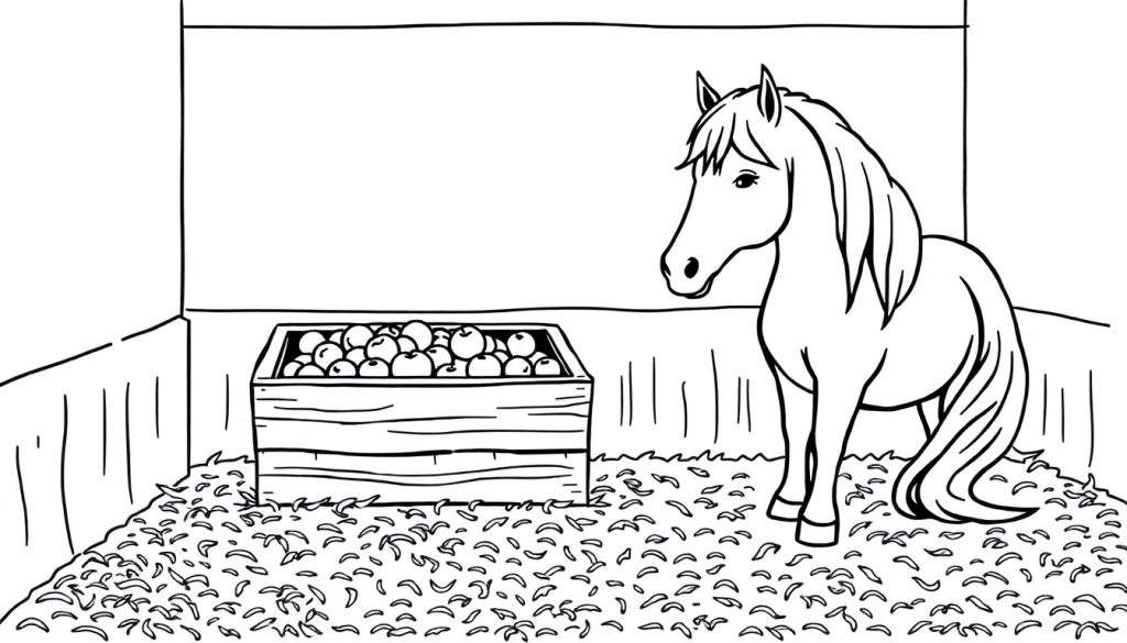 Kleurplaat van een paard dat naar een grote houten kist vol appels kijkt, in een stal met stro op de vloer.