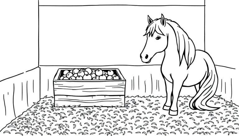 Kleurplaat van een paard dat naar een grote houten kist vol appels kijkt, in een stal met stro op de vloer.