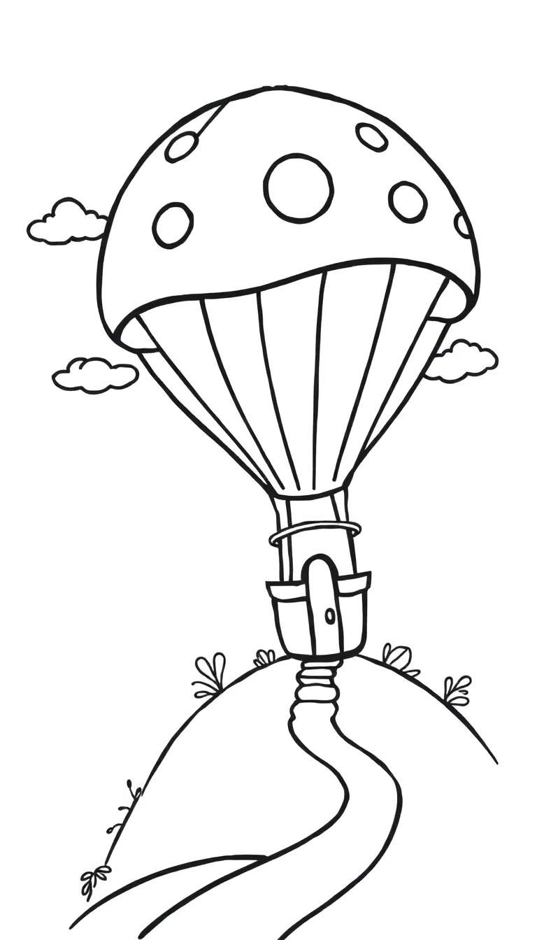 Kleurplaat van een heteluchtballon in de vorm van een paddenstoel met een huisje als mand, staand op een heuvel.