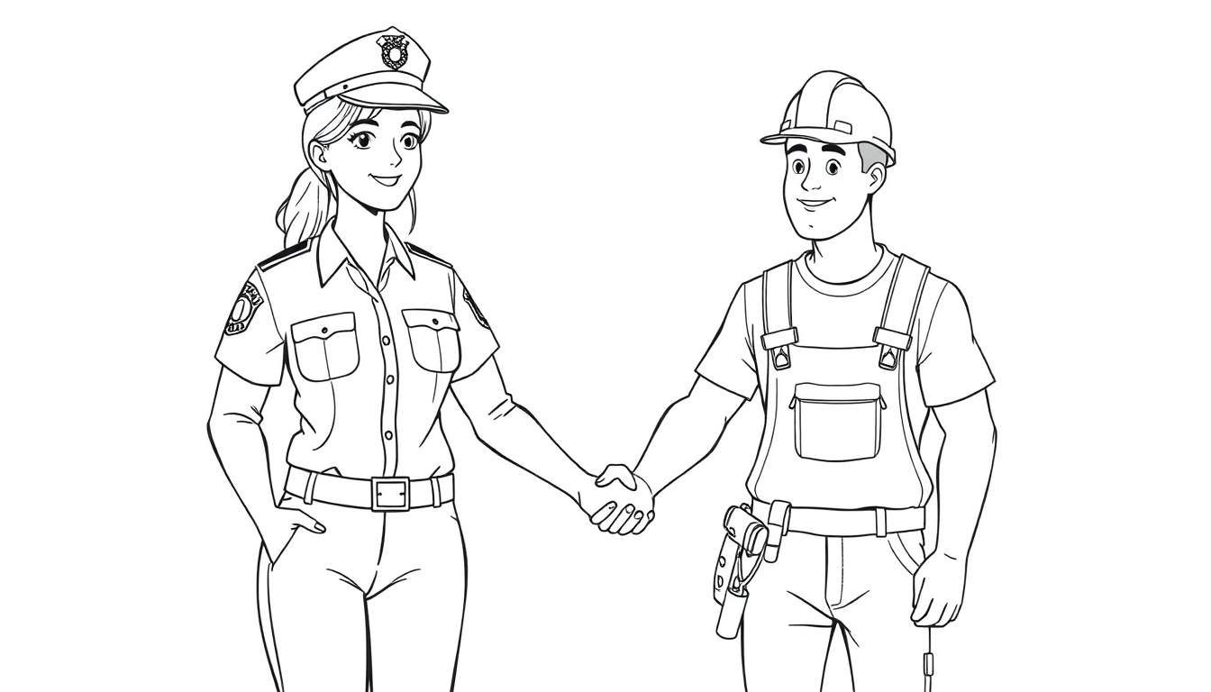 Zwart-witte lijntekening van een lachende politieagente en een lachende bouwvakker die elkaar de hand schudden.