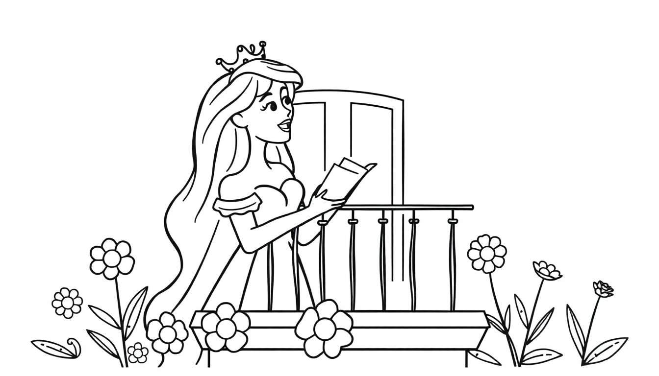 Kleurplaat van een jonge prinses met kroon en golvend haar op een balkon, zingend, omringd door bloemen.