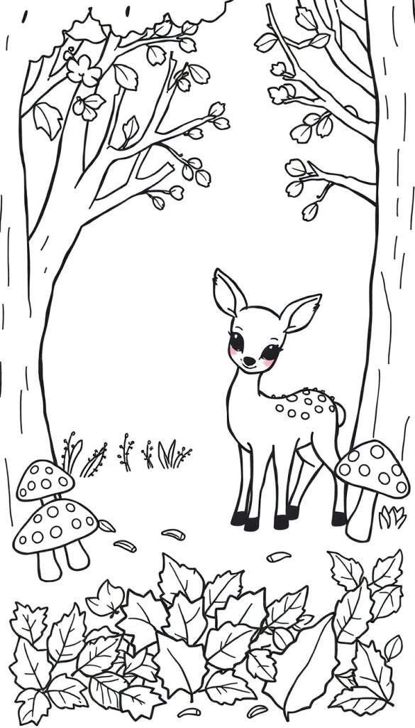 Zwart-wit tekening van een reekalfje met stippen op zijn rug, omringd door bomen, gestippelde paddenstoelen en herfstbladeren, bedoeld als kleurplaat.