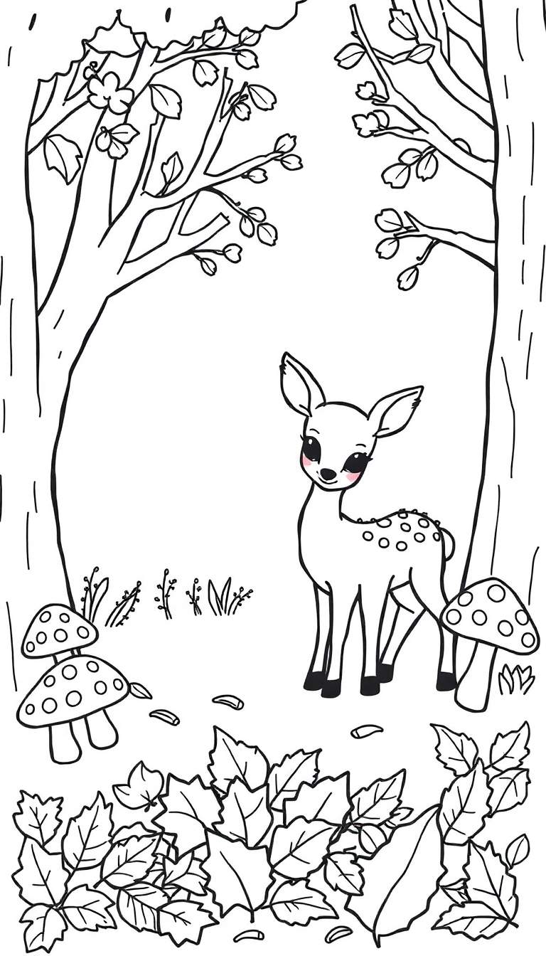 Zwart-wit tekening van een reekalfje met stippen op zijn rug, omringd door bomen, gestippelde paddenstoelen en herfstbladeren, bedoeld als kleurplaat.