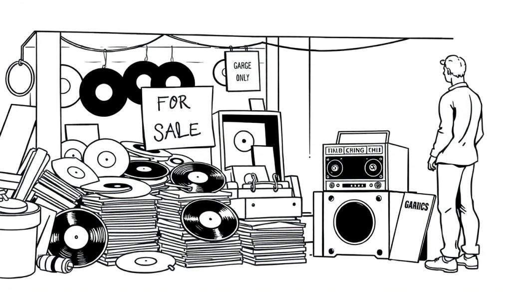 Zwart-wit kleurplaat van een rommelmarkt met vinylplaten, een man en audio-apparatuur.