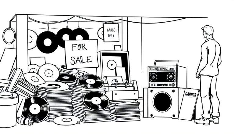 Zwart-wit kleurplaat van een rommelmarkt met vinylplaten, een man en audio-apparatuur.