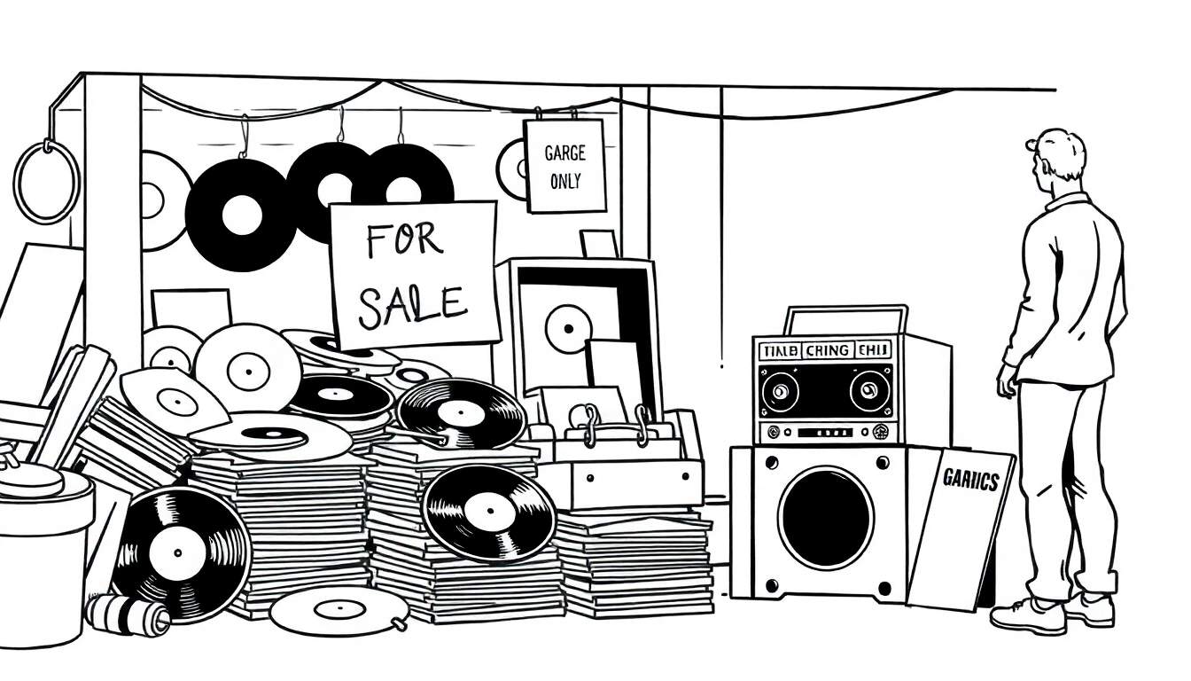 Zwart-wit kleurplaat van een rommelmarkt met vinylplaten, een man en audio-apparatuur.