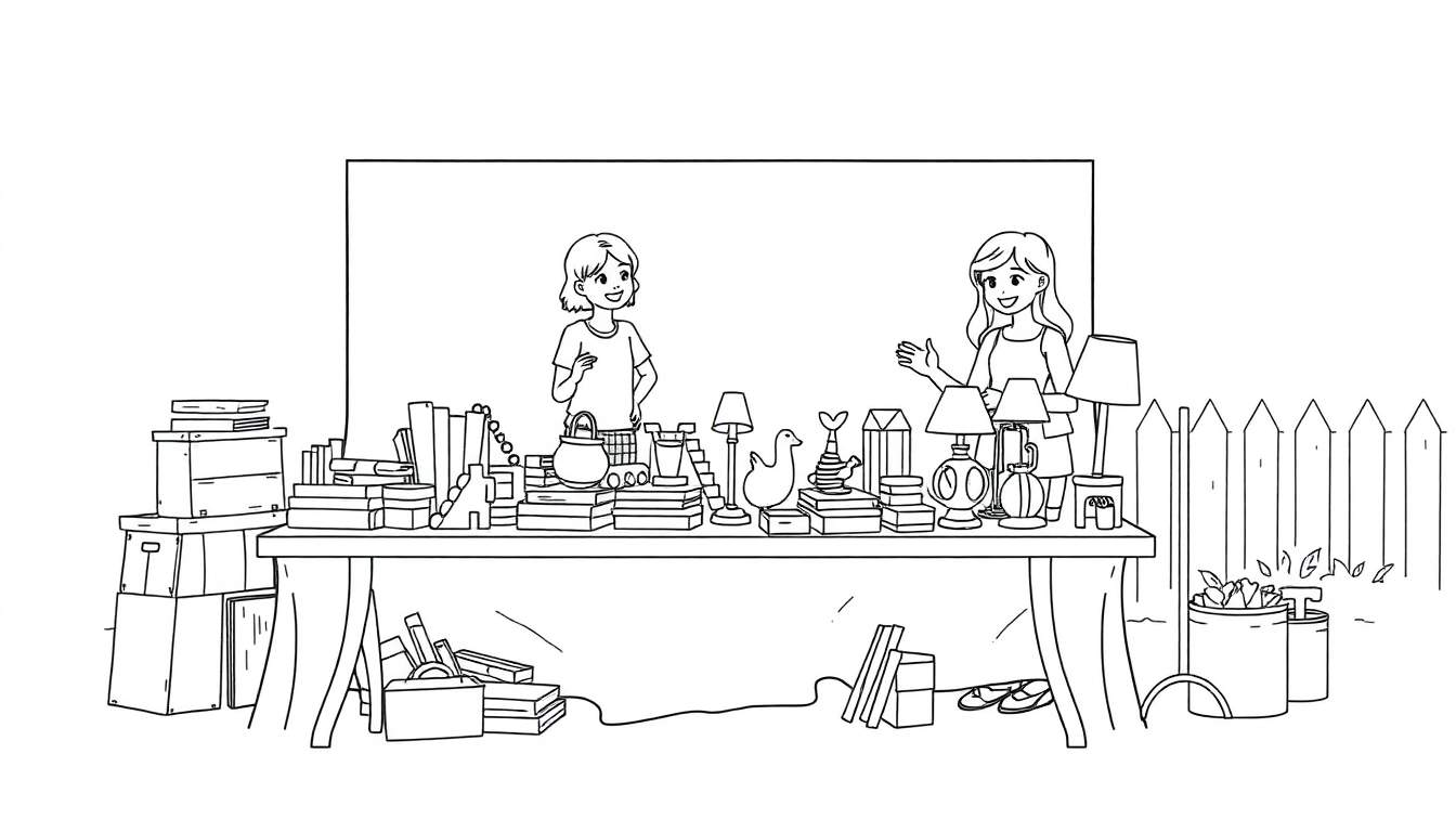 Zwart-wit kleurplaat van een rommelmarkt met twee lachende vrouwen, een tafel vol spullen, dozen en planten.