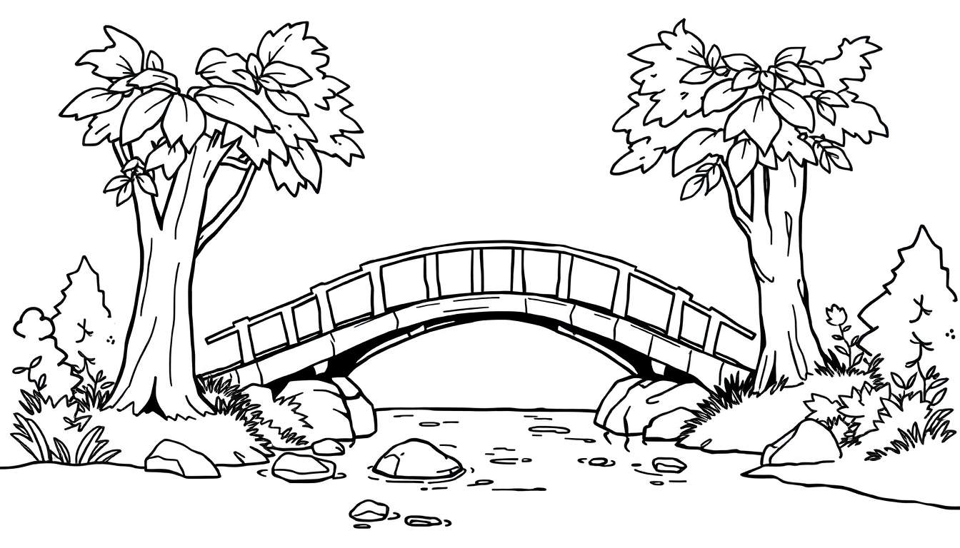 Zwart-wit kleurplaat van een rustig landschap met een boogbrug over een waterweg, omringd door bomen, struiken en stenen.