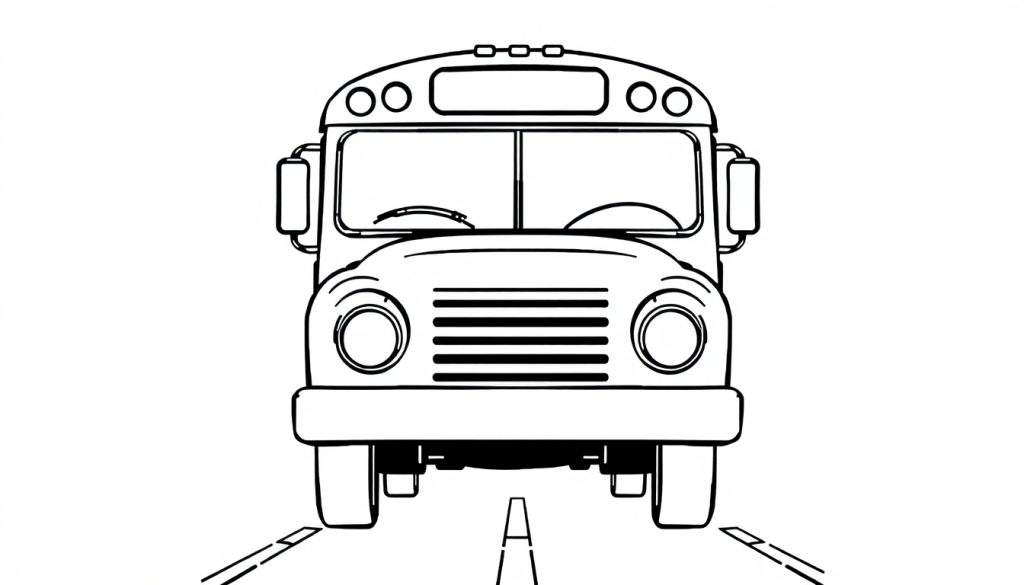 Zwart-wit lijntekening van een schoolbus in vooraanzicht, klaar om ingekleurd te worden. De bus toont duidelijke details zoals ruitenwissers, spiegels, lichten en een grille, met een weg met markeringen eronder.