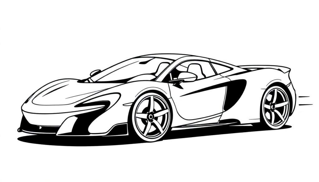 Lijntekening van een gestroomlijnde sportauto van de zijkant, klaar om ingekleurd te worden.