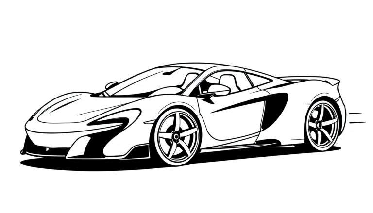 Lijntekening van een gestroomlijnde sportauto van de zijkant, klaar om ingekleurd te worden.