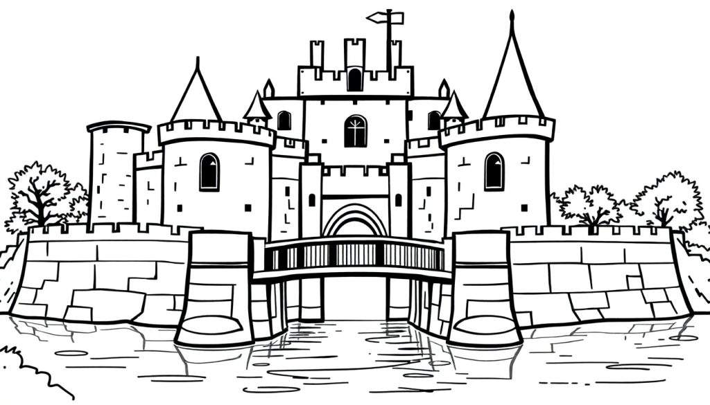 Zwart-wit lijntekening van een sprookjesachtig kasteel, klaar om ingekleurd te worden. Het kasteel heeft meerdere torens met kantelen, een brug over een gracht en ramen.